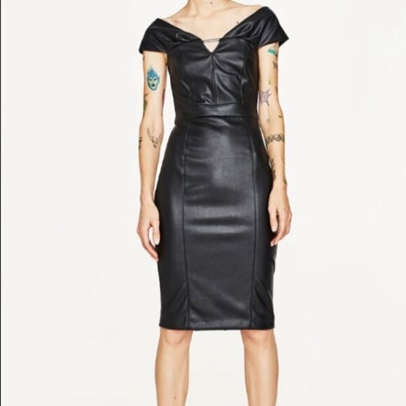 Zara Black Faux Leather Pencil Dress - Picture 9 of 9